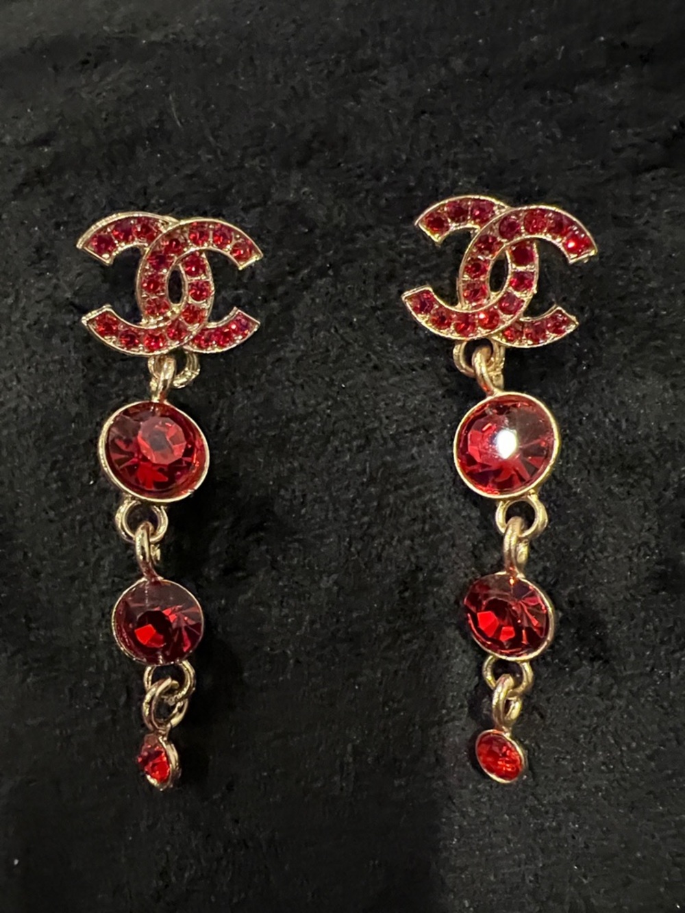 CHANEL Red Crystal Logo Drop Earrings - Gold Tone - Picture 3 of 13